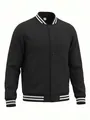 Detailed front view of a black American style varsity jacket with white stripes - S / Tops / Black