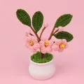 Hand-crocheted pink peach blossom potted plant for a charming home desktop decoration - Peach Blossom Potted - Dark Green Leaves (White Pot)