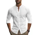 Close-up detail shot of white slim-fit cotton linen shirt with stylish Henry collar - S / White