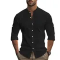 Detailed shot of a black slim fit men's long sleeve cotton linen Henley collar shirt - S / Black