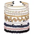 Collection of Korean style beaded and twisted headbands featuring pearls and gold leaf designs - 10Pcs Set