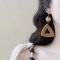 Handgeweven driehoekige rotan hangorbellen met houten kralen in vintage bohemien stijl. - Geweven Driehoeksstijl / 4# Zilveren oorbelsteker-Koffie-Driehoek