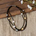 Double-strand black beaded necklace with white, grey and gold pearls, Maillard style - 44# Necklace - Black - Champagne - Gray - Beige