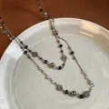 Collana vintage a doppio strato con perle di cristallo nero e ciondoli floreali in argento - Fiore di Croce Vintage (15#) / Canna di fucile