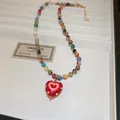 Collana di perle vintage bohémien multicolore con ciondolo a cuore rosso lucido gioiello - Cuore a Strati (32#) / Colorato