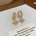 Vintage χρυσά σκουλαρίκια κρίκοι με πέρλες και κρυστάλλινα λουλούδια για γυναίκες - 120# Ασημένια Βελόνα - Χρυσή