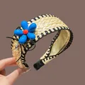 Handmade French vintage straw woven headband featuring a vibrant blue 3D flower ornament - French Vintage Straw Woven Floral Headband (Beige) / Beige
