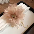 Elegant champagne fabric flower hair claw clip with golden tassels - Coffee Tassel - Claw Clip