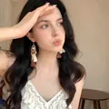 Long boho-style tassel earrings with cream and brown accents for vacation - Hook Style / Gold-Coffee-White