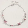 Elegant silver chain bracelet featuring pink crystal flower charms and adjustable extender - Pink Rhinestone Flower (WG-0657)