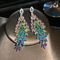 Boucles d'oreilles pendantes en argent avec cristaux marquise colorés au motif de feuille élégant - Style Gemme Multicolore Plume (2#)