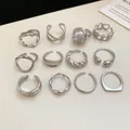 Collection of retro minimalist silver-tone geometric rings in various artistic styles - 12pcs Set / 33# Silver