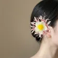 Elegant white and pink cloth plumeria flower hair clip accessory for elegant bun hairstyles - Duckbill Clip-Pink