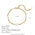 Elegantes 18 Karat vergoldetes Edelstahl-Cuban-Kettenarmband mit drei weißen Perlen - 3mm Panzerkette Drei Perlen Armband