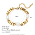 Detailansicht eines 18K vergoldeten Edelstahl-Cuban-Kettenarmbands mit Perlen - 6mm Panzerkette Drei Perlen Armband