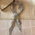 Elegant retro beige plaid scarf necklace featuring a stylish floral knot and pearl button - White Striped