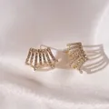 Elegant gold plated fan-shaped stud earrings featuring multiple rows of sparkling rhinestones - Gold Rhinestone Row Style (HE13425)