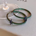 Elegant green crystal hoop earrings with blue star charm for women vintage style jewelry - Dark Metal Green Stone Star Style (HE13834)