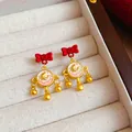 Traditional gold-tone stud earrings featuring a red bow and auspicious koi fish motif details - Koi Bowknot Style (HE12682)