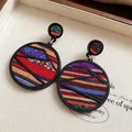Vintage French style round drop earrings featuring a vibrant colorful woven geometric pattern - Black Woven Round Style (HE13225)