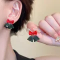 Elegant French vintage red bow and green velvet flower bell stud earrings for women - Red Bowknot Bell Style (HE13425)