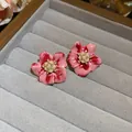 Elegant French vintage pink flower stud earrings with pearl and rhinestone accents - Pink Enamel Flower Style (HE13834)