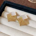 French retro gold square stud earrings with metallic bead tassel in jewelry box - Gold White Woven Tassel Style (HE12682)