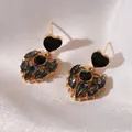 Elegant vintage heart stud earrings featuring black enamel and dark grey rhinestones - Black Gold Heart Style (HE13425)