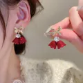 French retro red flower tassel earrings with elegant golden bow and crystal detail - Gold Red Bowknot Crystal Style (HE13116)