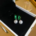Elegant French retro stud earrings with green baguette crystals and white pearls - Green Rhinestone Artificial Pearl Tassel Style (HE13225)