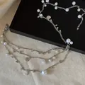 Multi-layer silver body chain with faux pearls, shell and star charms - Style 8 / Silver