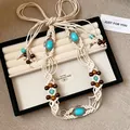 Bohemian style multi-layer hemp rope woven waist chain with turquoise and wooden beads - 7# Waist Chain / White-Blue