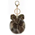 Leopard print faux rex rabbit pom-pom keychain with a very sparkling bow detail - Leopard Bow 4-Section Clasp Lobster Clasp