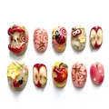 Cute red apple and ladybug patterned almond press-on nails with 3D embossed art design - Fruit and Insect Hand-painted Relief Style (1XD3-14644) / 10 Pieces
