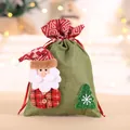 Festive green burlap Christmas drawstring gift bag with 3D Santa and sequined tree - Santa Gift Bag (Red & Green Patchwork)