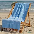 High quality soft blue striped Turkish cotton beach towel with elegant white decorative tassels - 100*180CM / Sky Blue Fine Stripes