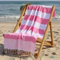 Absorbent pink and white striped cotton beach towel with decorative Turkish tassels - 100*180CM / Pink Wide Stripe Pattern