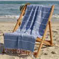 Premium blue striped Turkish cotton beach towel featuring elegant white handmade tassels - 100*180CM / Fine Blue Striped