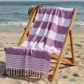 Soft purple and white striped cotton Turkish beach towel with decorative tassels on chair - 100*180CM / Purple Wide Stripes