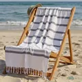 Gray and white striped Turkish beach towel with tassels on a sun lounger at the beach - 100*180CM / Gray Blue Fine Stripes