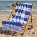 Premium blue and white striped cotton beach towel with elegant fringe tassels for summer. - 100*180CM / Blue Wide Stripe