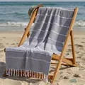 Premium grey Turkish cotton beach towel with classic white stripes and elegant tassels - 100*180CM / Gray Fine Stripe