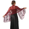Elegant burgundy mesh shawl with floral embroidery and sequins for evening gala - Dark Red