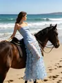 Elegant light blue strapless banquet evening gown with sheer 3D polka dot mesh skirt - M / Sky Blue