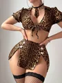 Detailed leopard print lingerie set with buttoned side-slit skirt and fishnet stockings - S / Leopard Print