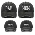 Parent-child washed cotton baseball cap set with DAD MOM and MINI embroidery detail - Adjustable / Black (4 Piece Set)