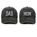 Set of DAD and MOM embroidered washed cotton baseball caps in black for the family. - Adjustable / Black (2-Piece Set)