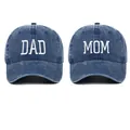 Detailed view of white DAD and MOM embroidery on blue washed cotton baseball caps - Adjustable / Navy Blue (2 Piece Set)