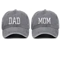 Detailed view of DAD and MOM white embroidery on grey washed cotton baseball caps - Adjustable / Gray (2 Piece Set)