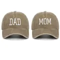 Front view of washed cotton baseball caps with DAD and MOM embroidery details - Adjustable / Khaki (2 Piece Set)